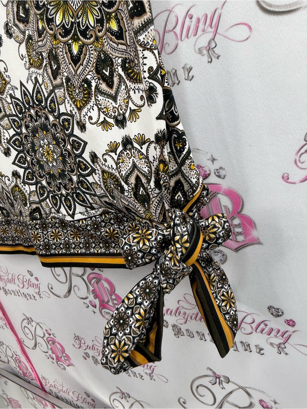 cleo tshirt White Floral Medallion Cap-Sleeve Top with Black & Gold Accents - Picture 5 of 9